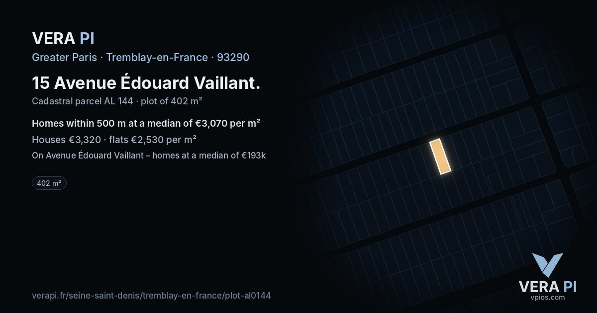 15 Avenue Édouard Vaillant, Tremblay-en-France at night – the plot lit, the parcels around coloured by the prices near them