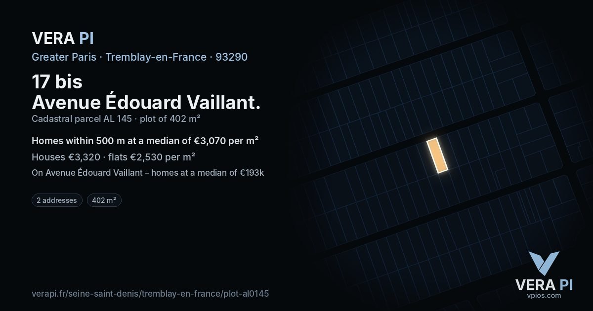 17 bis Avenue Édouard Vaillant, Tremblay-en-France at night – the plot lit, the parcels around coloured by the prices near them