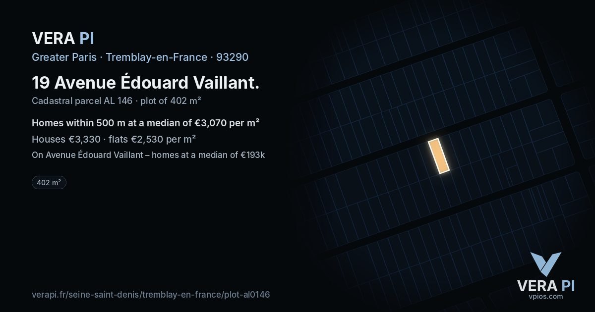 19 Avenue Édouard Vaillant, Tremblay-en-France at night – the plot lit, the parcels around coloured by the prices near them
