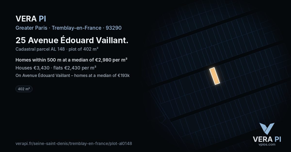 25 Avenue Édouard Vaillant, Tremblay-en-France at night – the plot lit, the parcels around coloured by the prices near them