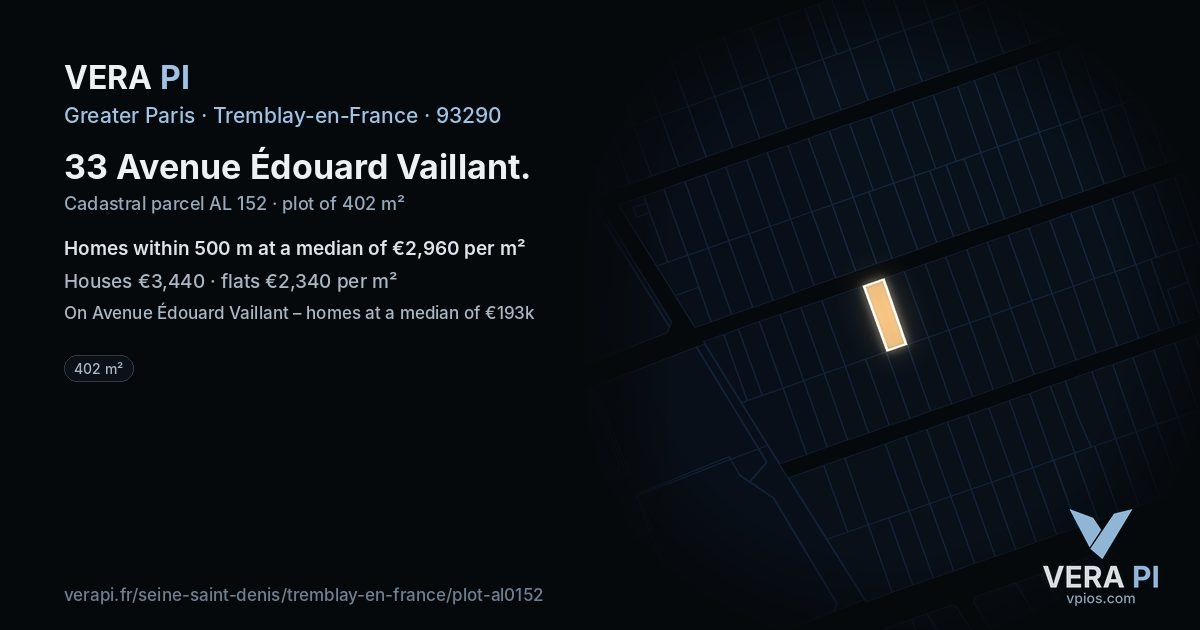 33 Avenue Édouard Vaillant, Tremblay-en-France at night – the plot lit, the parcels around coloured by the prices near them