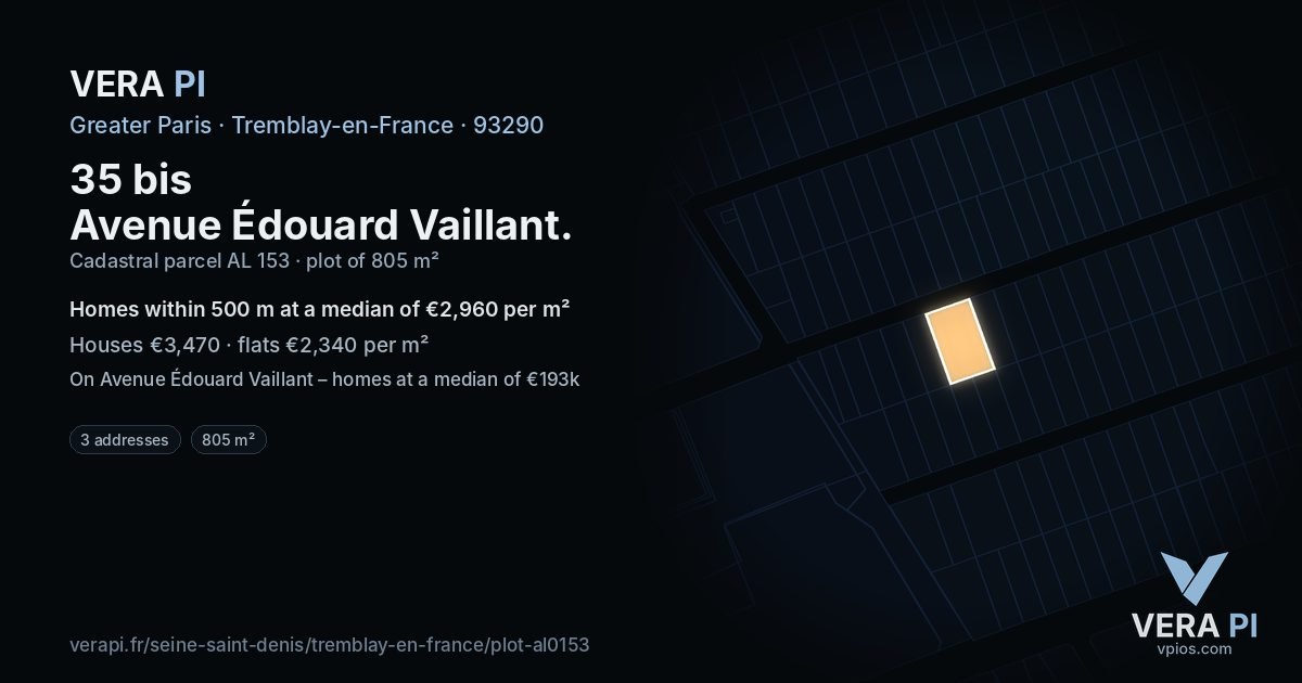 35 bis Avenue Édouard Vaillant, Tremblay-en-France at night – the plot lit, the parcels around coloured by the prices near them