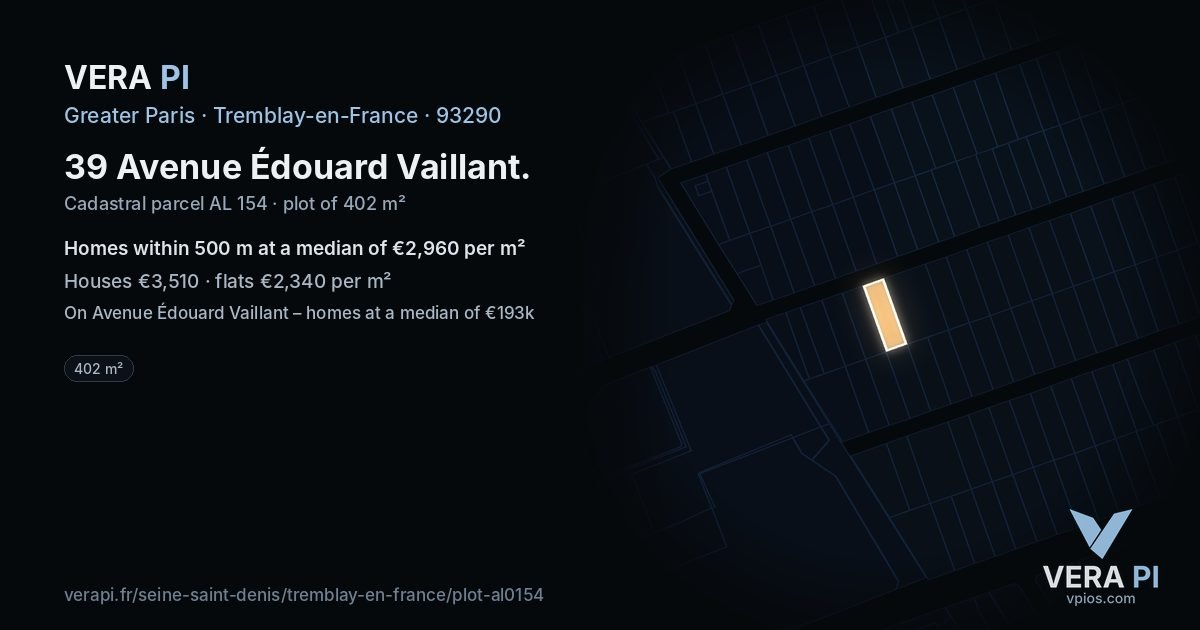 39 Avenue Édouard Vaillant, Tremblay-en-France at night – the plot lit, the parcels around coloured by the prices near them