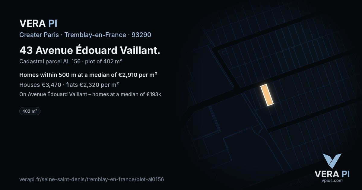 43 Avenue Édouard Vaillant, Tremblay-en-France at night – the plot lit, the parcels around coloured by the prices near them