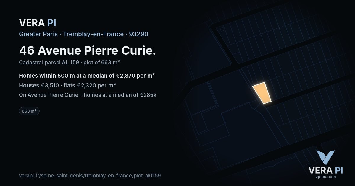 46 Avenue Pierre Curie, Tremblay-en-France at night – the plot lit, the parcels around coloured by the prices near them