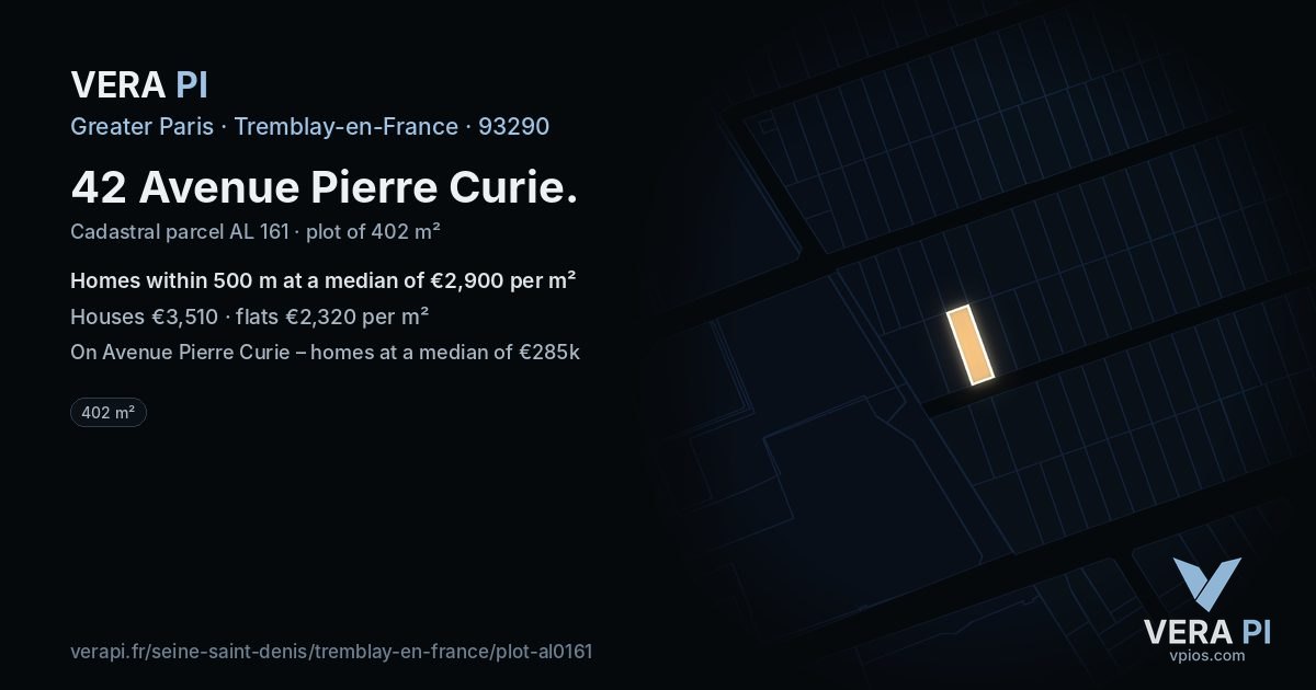 42 Avenue Pierre Curie, Tremblay-en-France at night – the plot lit, the parcels around coloured by the prices near them