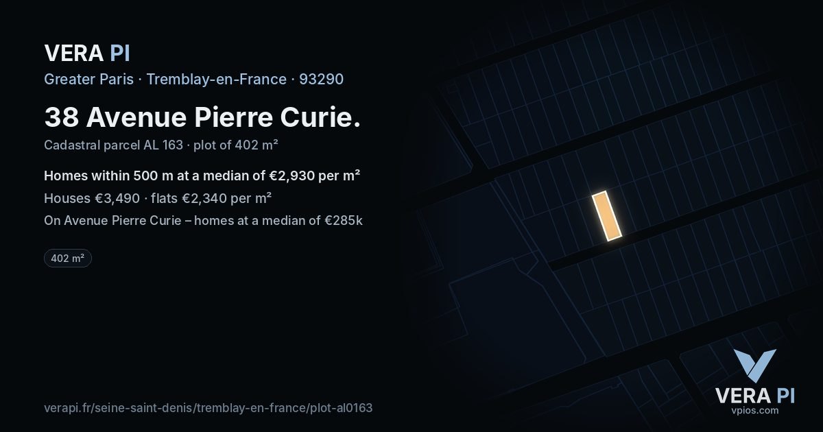 38 Avenue Pierre Curie, Tremblay-en-France at night – the plot lit, the parcels around coloured by the prices near them