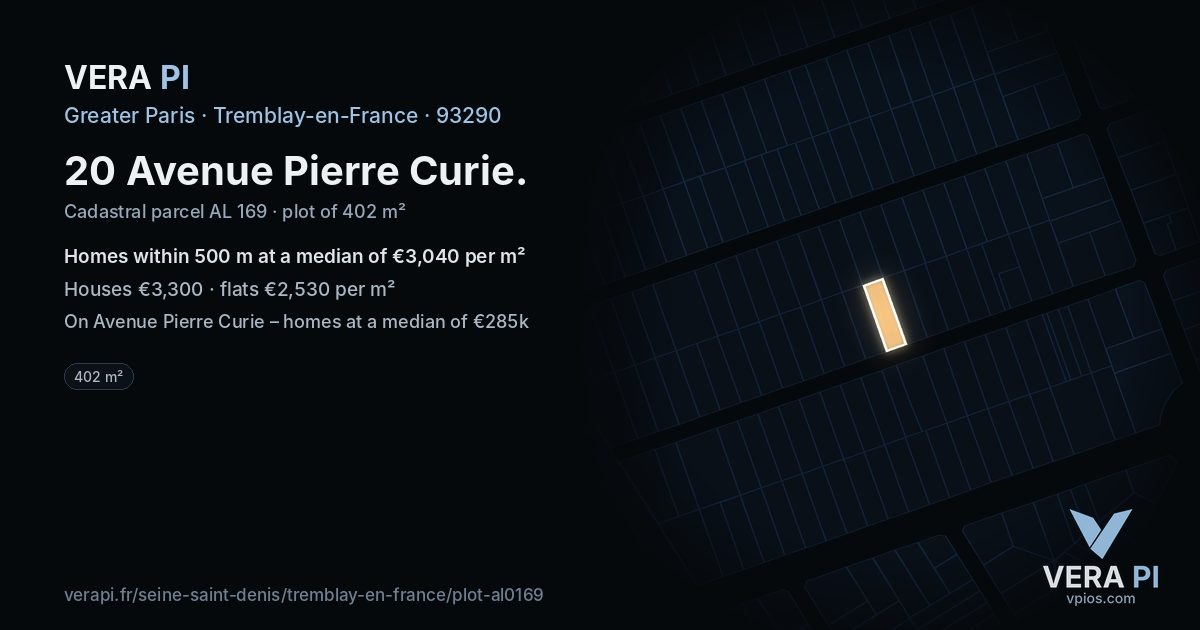 20 Avenue Pierre Curie, Tremblay-en-France at night – the plot lit, the parcels around coloured by the prices near them