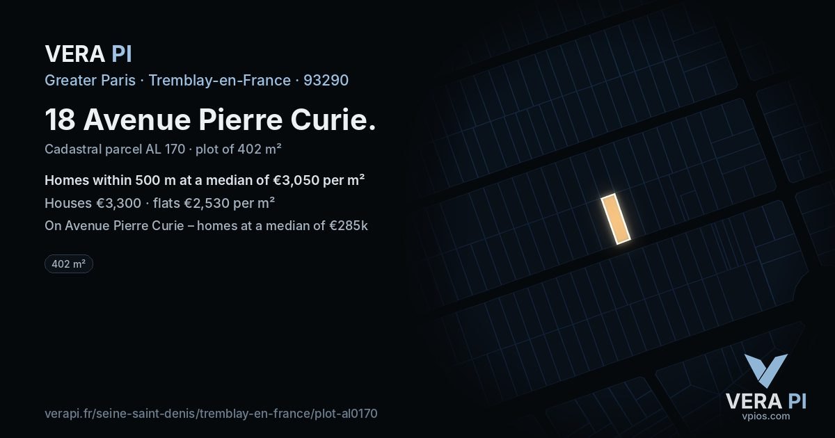 18 Avenue Pierre Curie, Tremblay-en-France at night – the plot lit, the parcels around coloured by the prices near them