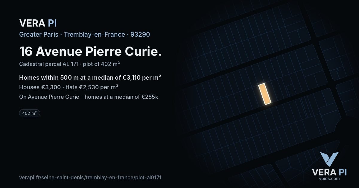 16 Avenue Pierre Curie, Tremblay-en-France at night – the plot lit, the parcels around coloured by the prices near them