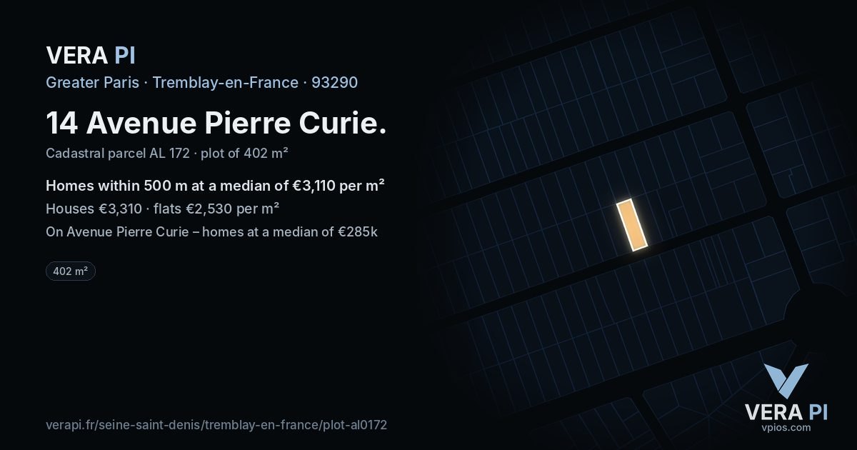 14 Avenue Pierre Curie, Tremblay-en-France at night – the plot lit, the parcels around coloured by the prices near them