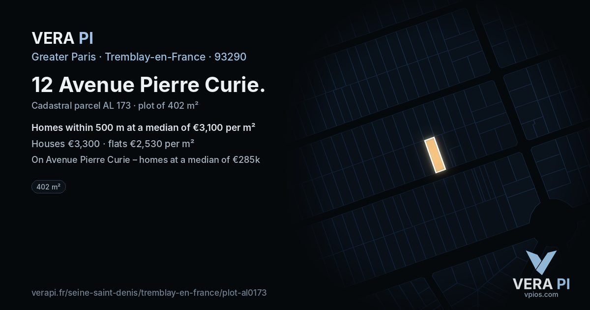 12 Avenue Pierre Curie, Tremblay-en-France at night – the plot lit, the parcels around coloured by the prices near them