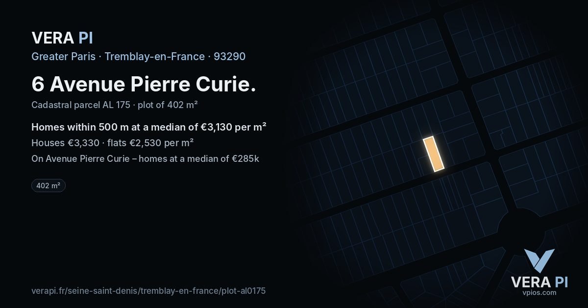 6 Avenue Pierre Curie, Tremblay-en-France at night – the plot lit, the parcels around coloured by the prices near them