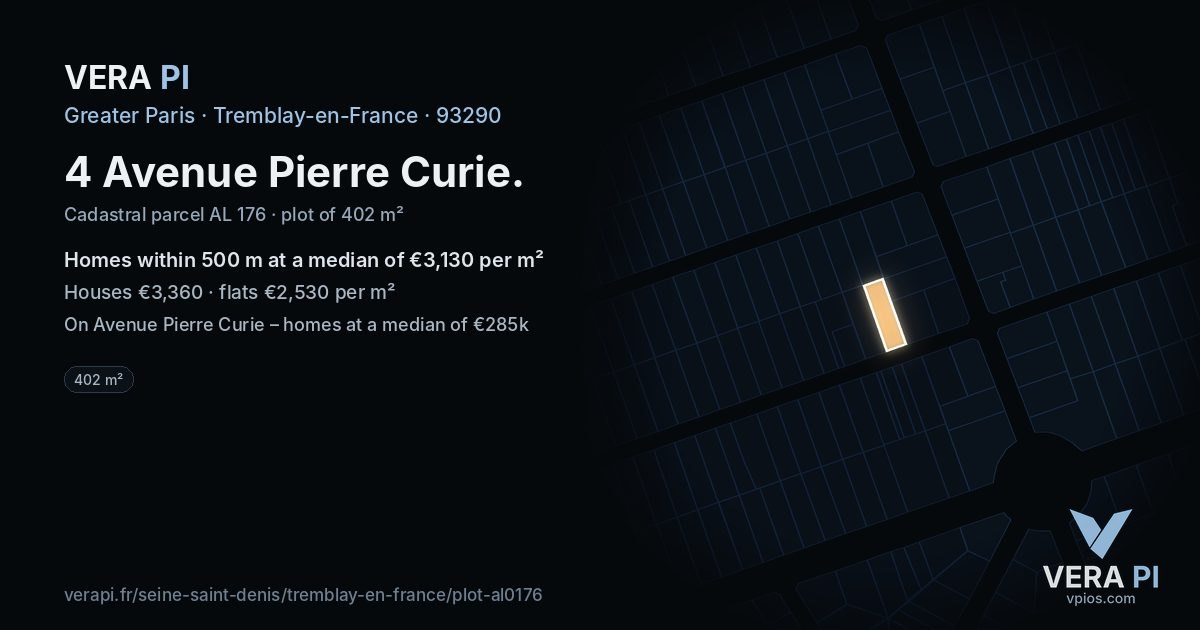 4 Avenue Pierre Curie, Tremblay-en-France at night – the plot lit, the parcels around coloured by the prices near them