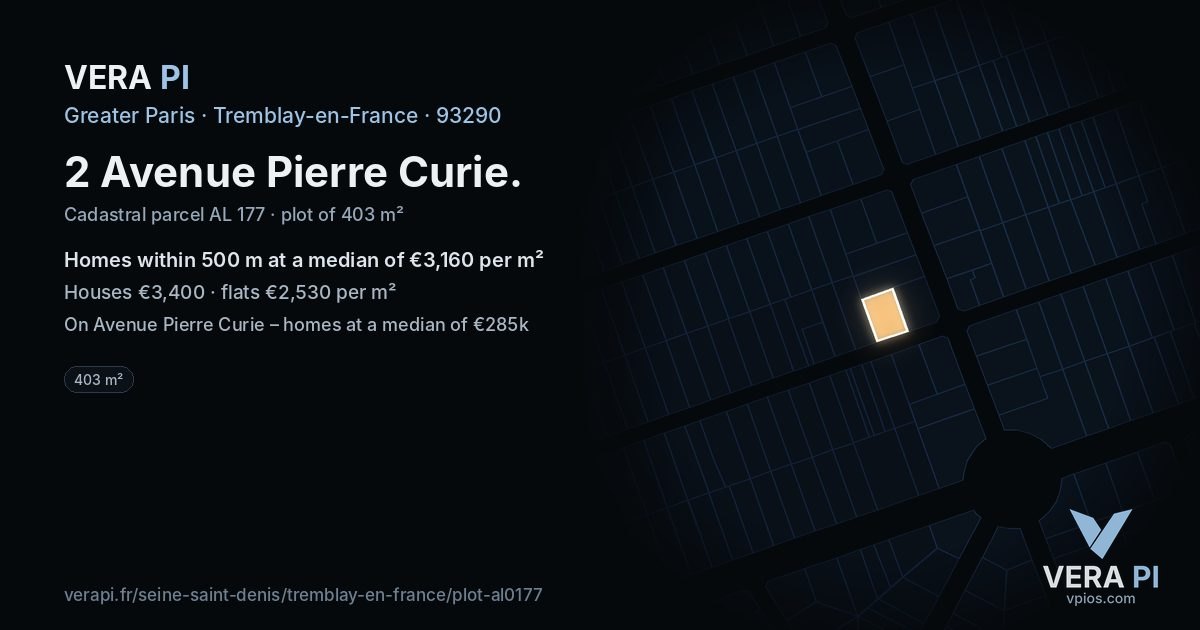 2 Avenue Pierre Curie, Tremblay-en-France at night – the plot lit, the parcels around coloured by the prices near them