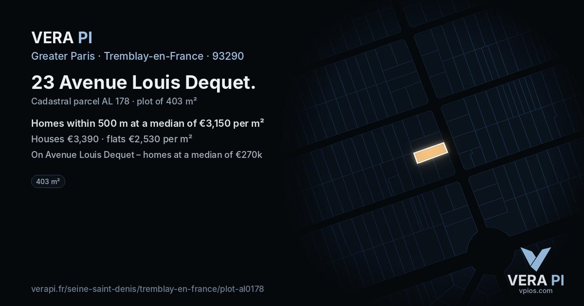 23 Avenue Louis Dequet, Tremblay-en-France at night – the plot lit, the parcels around coloured by the prices near them