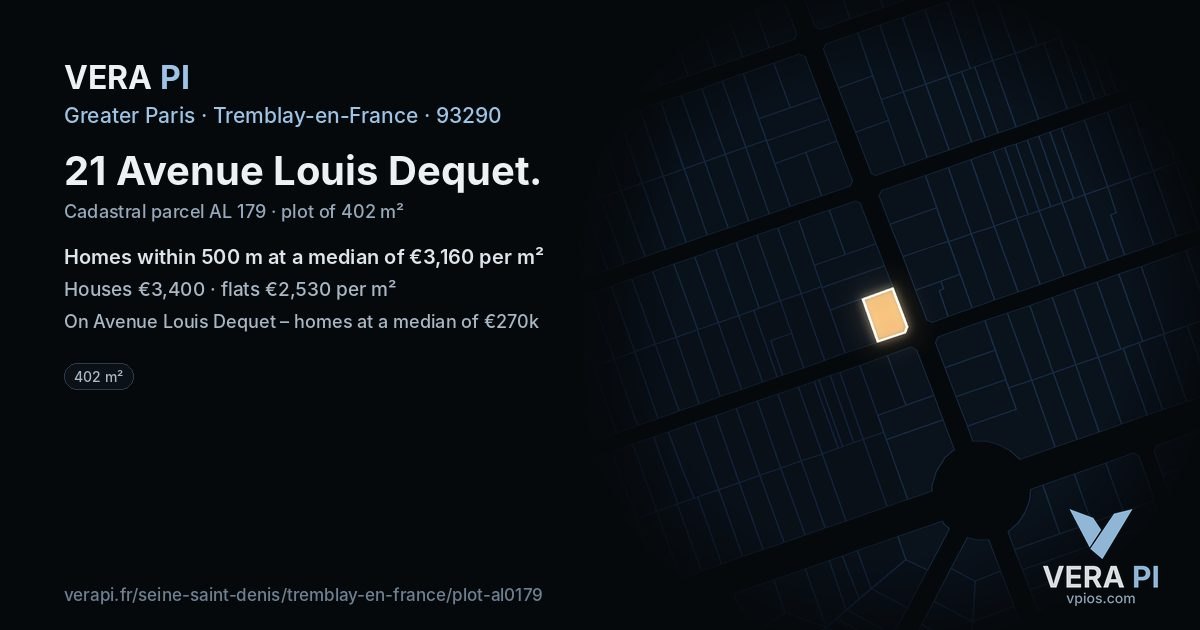 21 Avenue Louis Dequet, Tremblay-en-France at night – the plot lit, the parcels around coloured by the prices near them