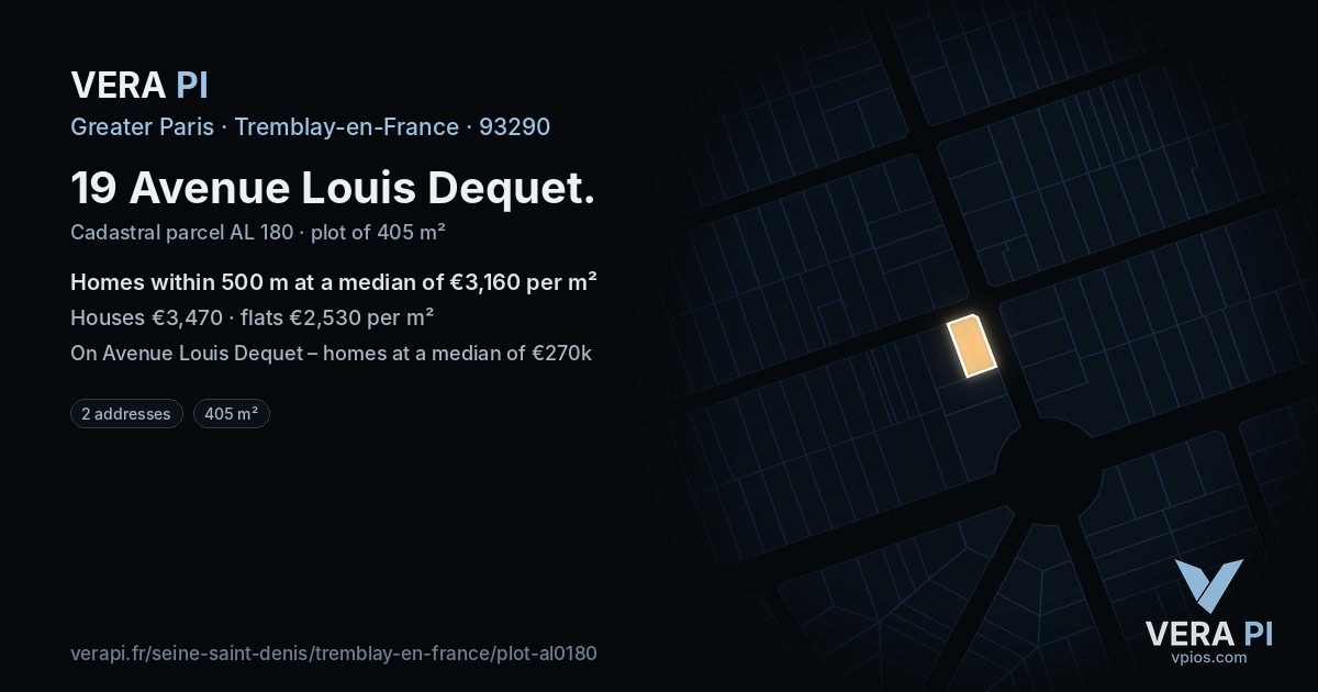 19 Avenue Louis Dequet, Tremblay-en-France at night – the plot lit, the parcels around coloured by the prices near them