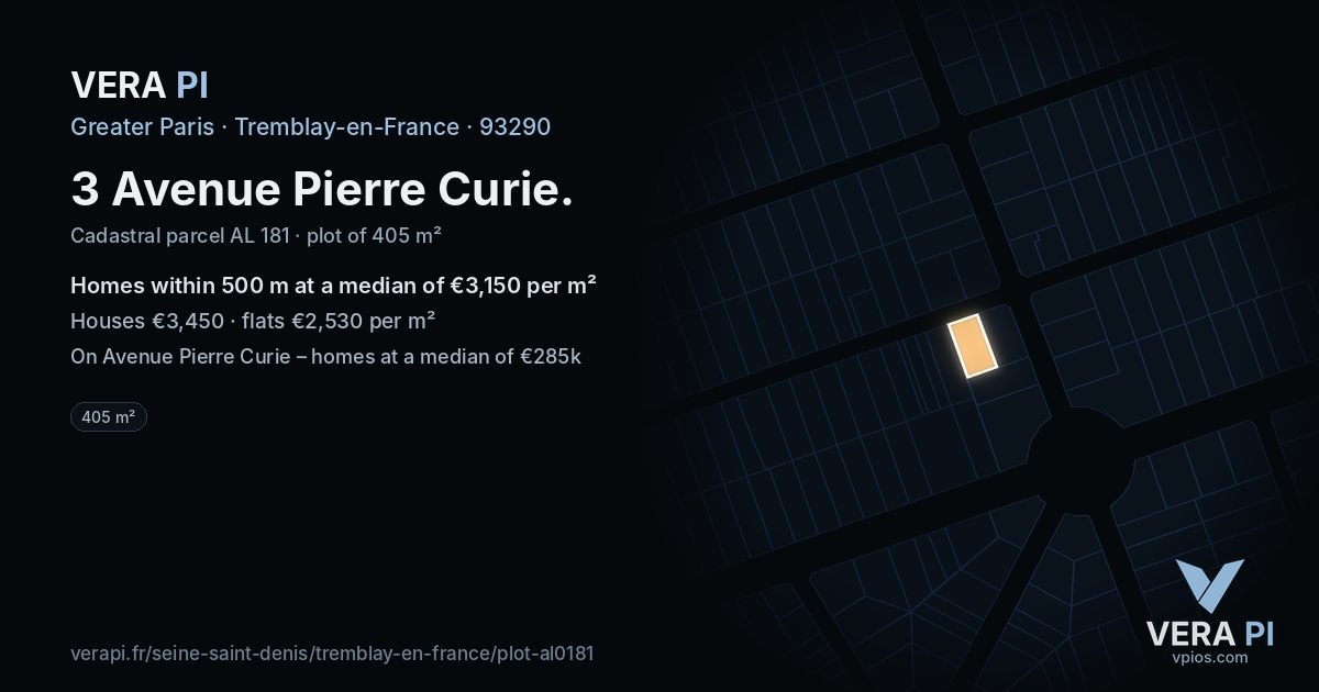 3 Avenue Pierre Curie, Tremblay-en-France at night – the plot lit, the parcels around coloured by the prices near them