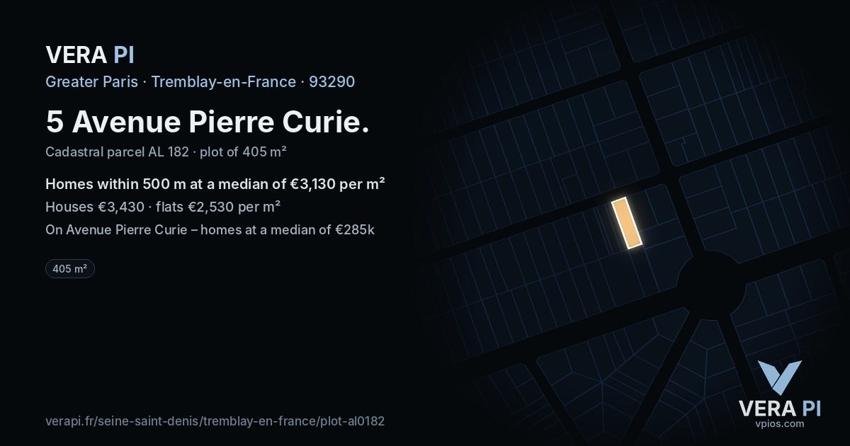 5 Avenue Pierre Curie, Tremblay-en-France at night – the plot lit, the parcels around coloured by the prices near them