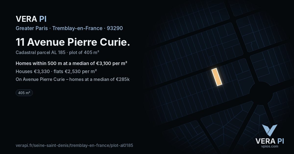 11 Avenue Pierre Curie, Tremblay-en-France at night – the plot lit, the parcels around coloured by the prices near them