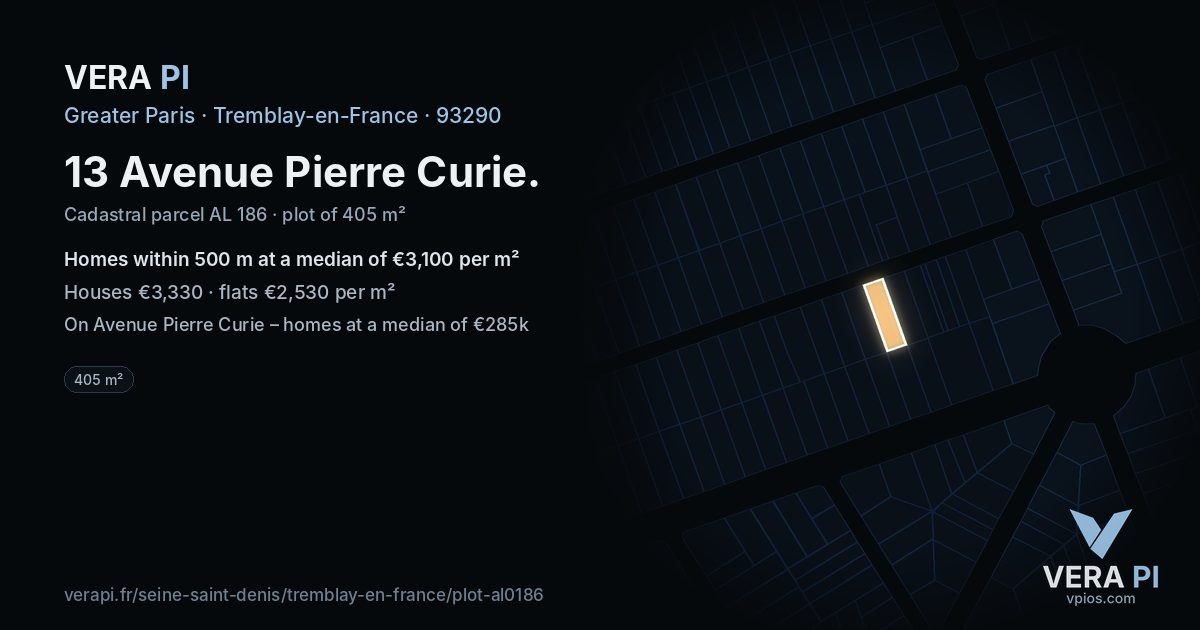 13 Avenue Pierre Curie, Tremblay-en-France at night – the plot lit, the parcels around coloured by the prices near them