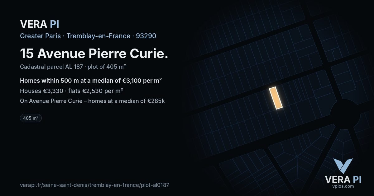 15 Avenue Pierre Curie, Tremblay-en-France at night – the plot lit, the parcels around coloured by the prices near them