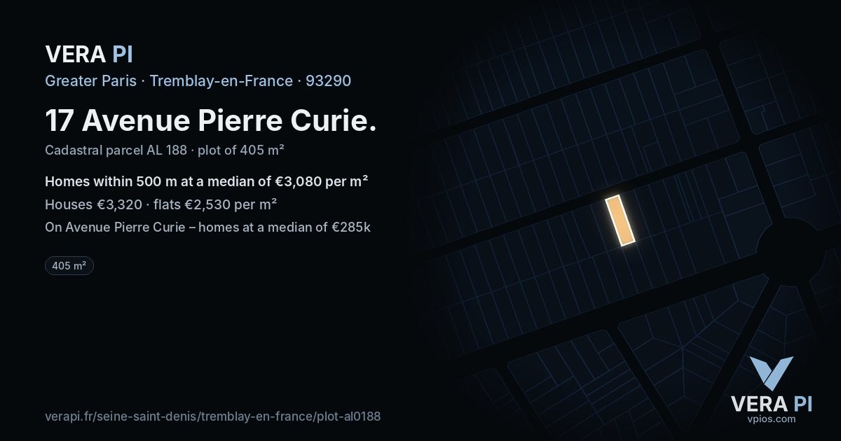 17 Avenue Pierre Curie, Tremblay-en-France at night – the plot lit, the parcels around coloured by the prices near them