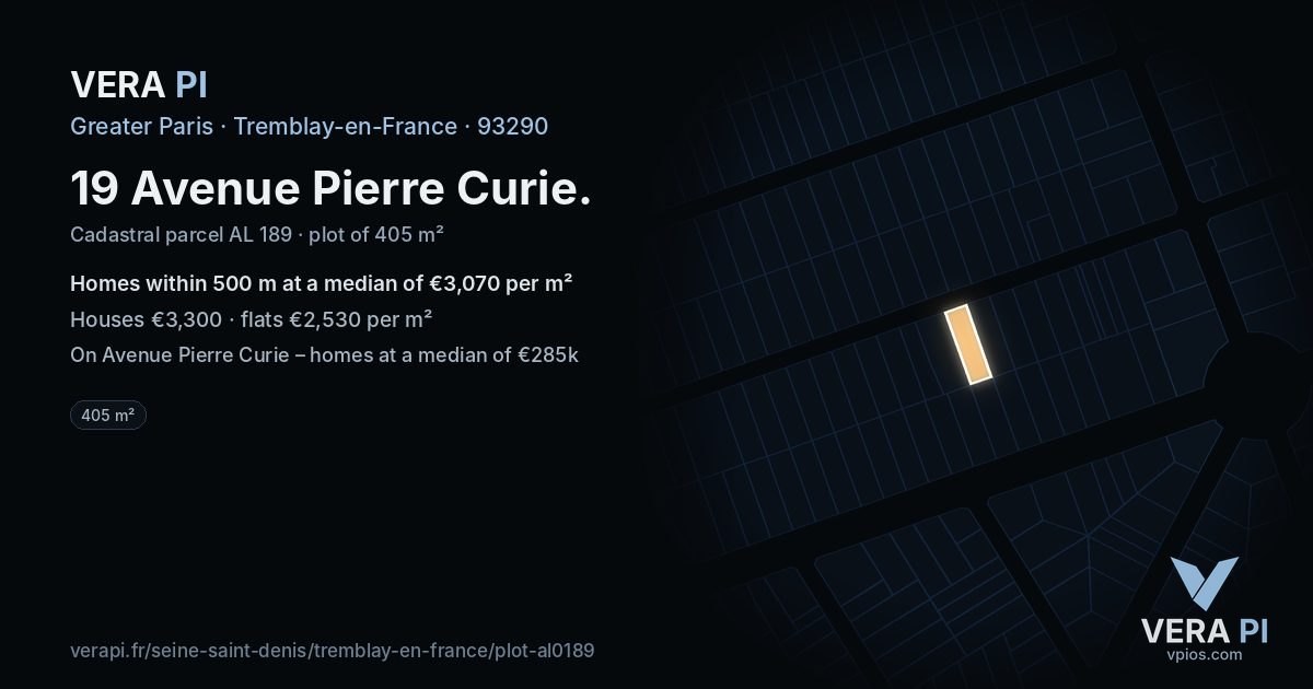 19 Avenue Pierre Curie, Tremblay-en-France at night – the plot lit, the parcels around coloured by the prices near them
