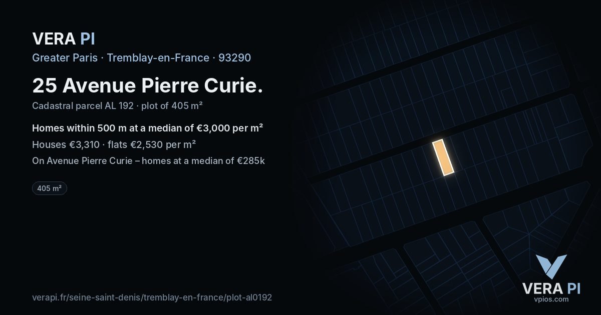 25 Avenue Pierre Curie, Tremblay-en-France at night – the plot lit, the parcels around coloured by the prices near them