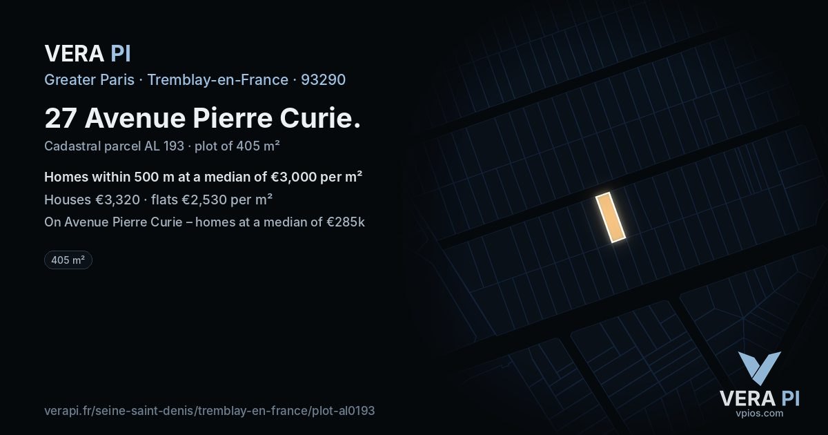 27 Avenue Pierre Curie, Tremblay-en-France at night – the plot lit, the parcels around coloured by the prices near them