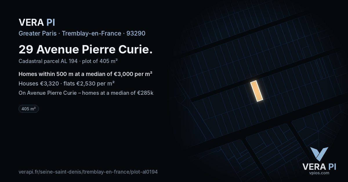 29 Avenue Pierre Curie, Tremblay-en-France at night – the plot lit, the parcels around coloured by the prices near them