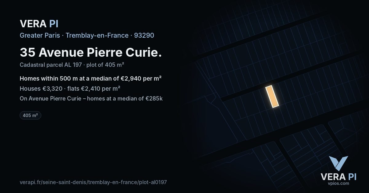 35 Avenue Pierre Curie, Tremblay-en-France at night – the plot lit, the parcels around coloured by the prices near them
