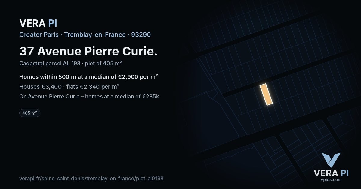 37 Avenue Pierre Curie, Tremblay-en-France at night – the plot lit, the parcels around coloured by the prices near them