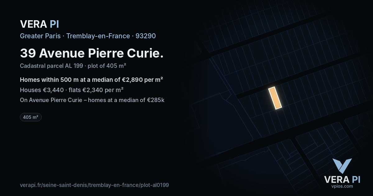 39 Avenue Pierre Curie, Tremblay-en-France at night – the plot lit, the parcels around coloured by the prices near them