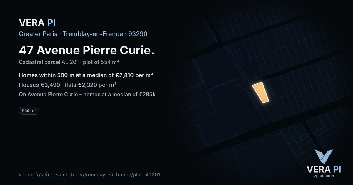 47 Avenue Pierre Curie, Tremblay-en-France at night – the plot lit, the parcels around coloured by the prices near them