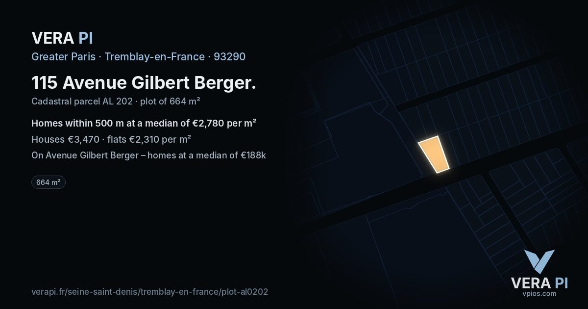 115 Avenue Gilbert Berger, Tremblay-en-France at night – the plot lit, the parcels around coloured by the prices near them