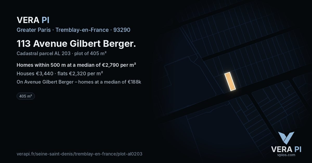 113 Avenue Gilbert Berger, Tremblay-en-France at night – the plot lit, the parcels around coloured by the prices near them