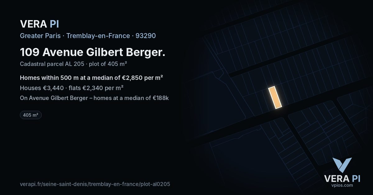109 Avenue Gilbert Berger, Tremblay-en-France at night – the plot lit, the parcels around coloured by the prices near them