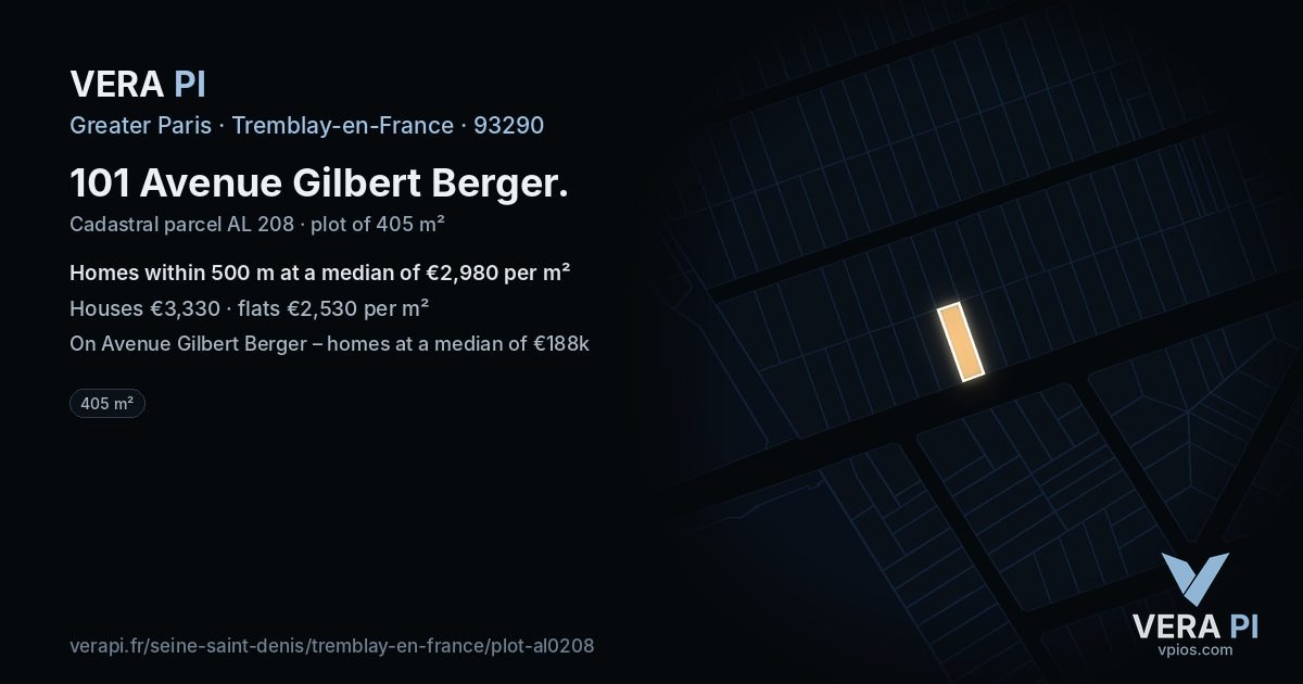 101 Avenue Gilbert Berger, Tremblay-en-France at night – the plot lit, the parcels around coloured by the prices near them