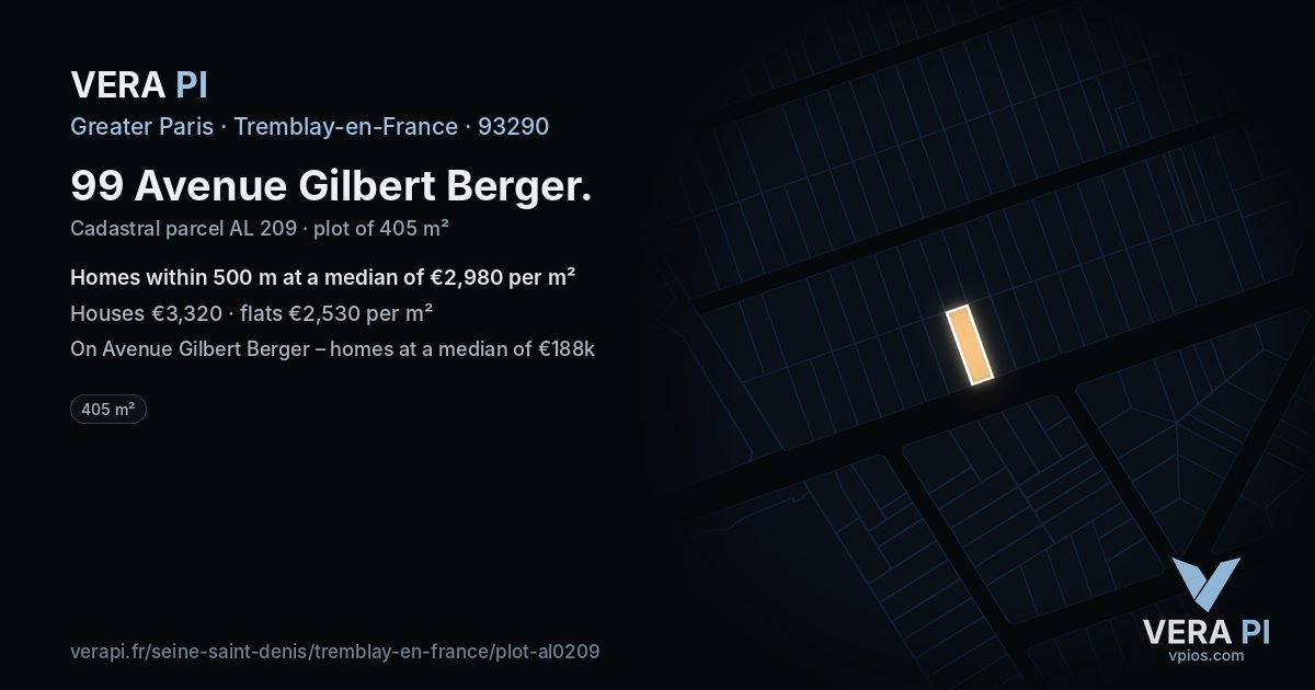 99 Avenue Gilbert Berger, Tremblay-en-France at night – the plot lit, the parcels around coloured by the prices near them