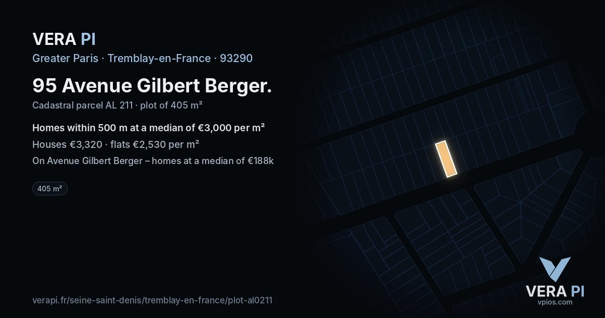 95 Avenue Gilbert Berger, Tremblay-en-France at night – the plot lit, the parcels around coloured by the prices near them