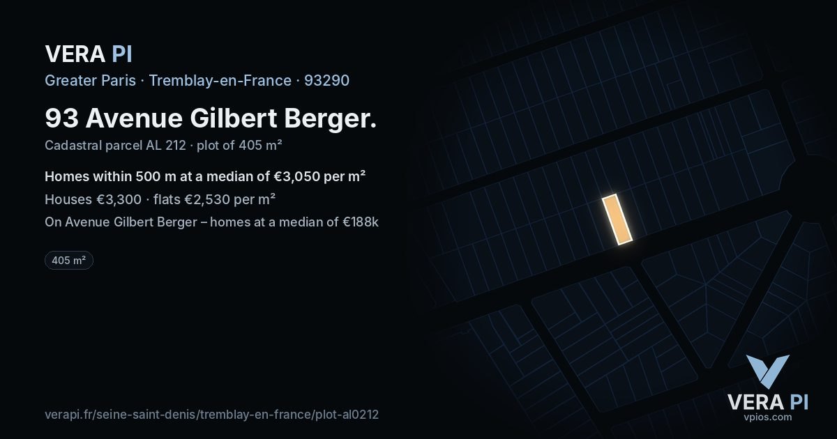 93 Avenue Gilbert Berger, Tremblay-en-France at night – the plot lit, the parcels around coloured by the prices near them
