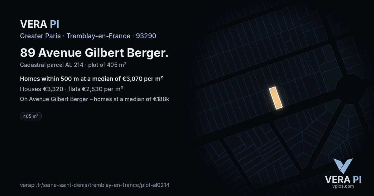 89 Avenue Gilbert Berger, Tremblay-en-France at night – the plot lit, the parcels around coloured by the prices near them