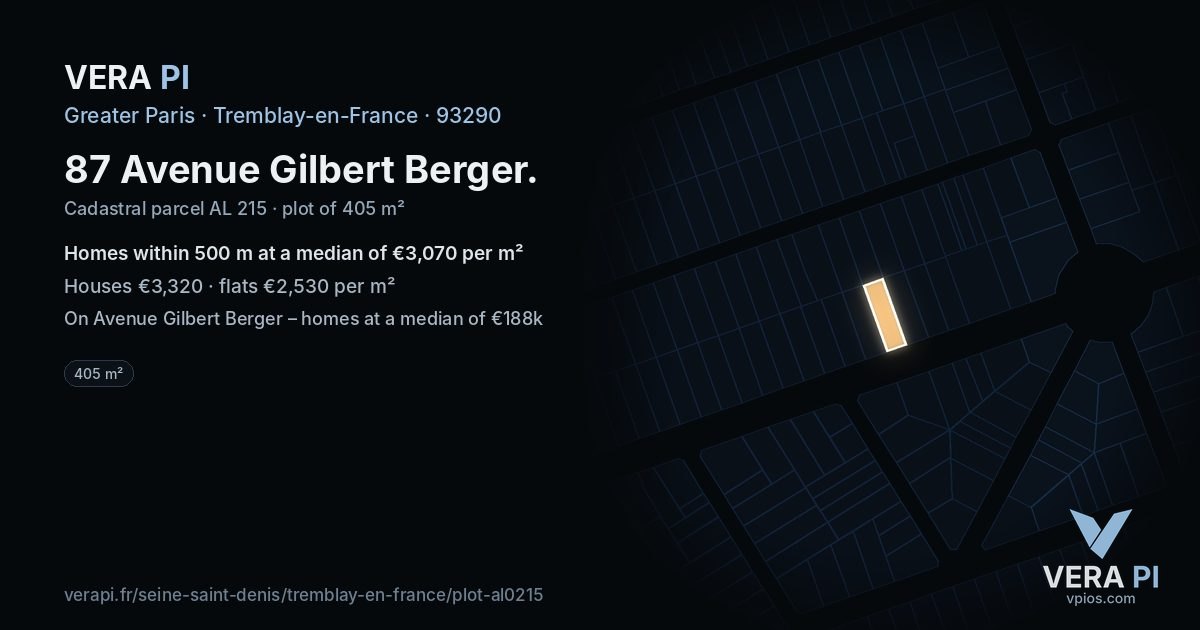 87 Avenue Gilbert Berger, Tremblay-en-France at night – the plot lit, the parcels around coloured by the prices near them