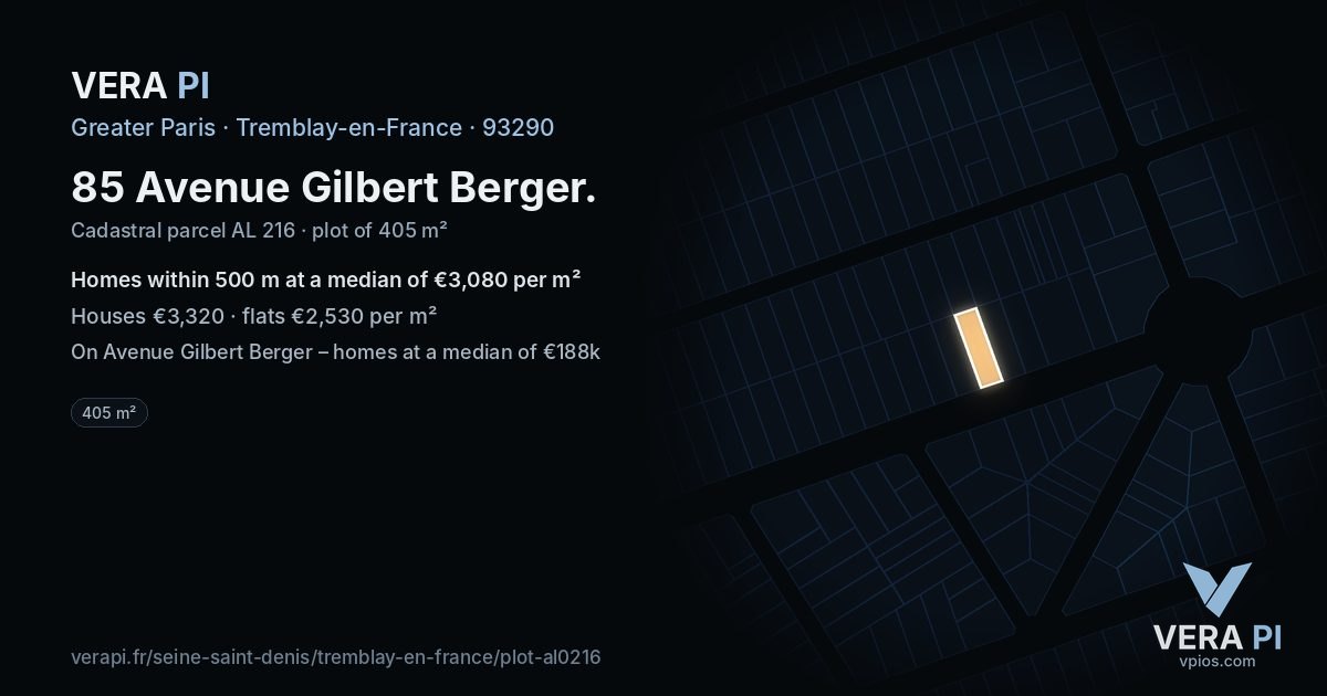 85 Avenue Gilbert Berger, Tremblay-en-France at night – the plot lit, the parcels around coloured by the prices near them