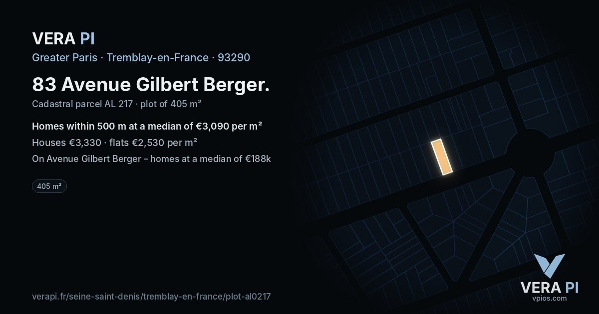 83 Avenue Gilbert Berger, Tremblay-en-France at night – the plot lit, the parcels around coloured by the prices near them