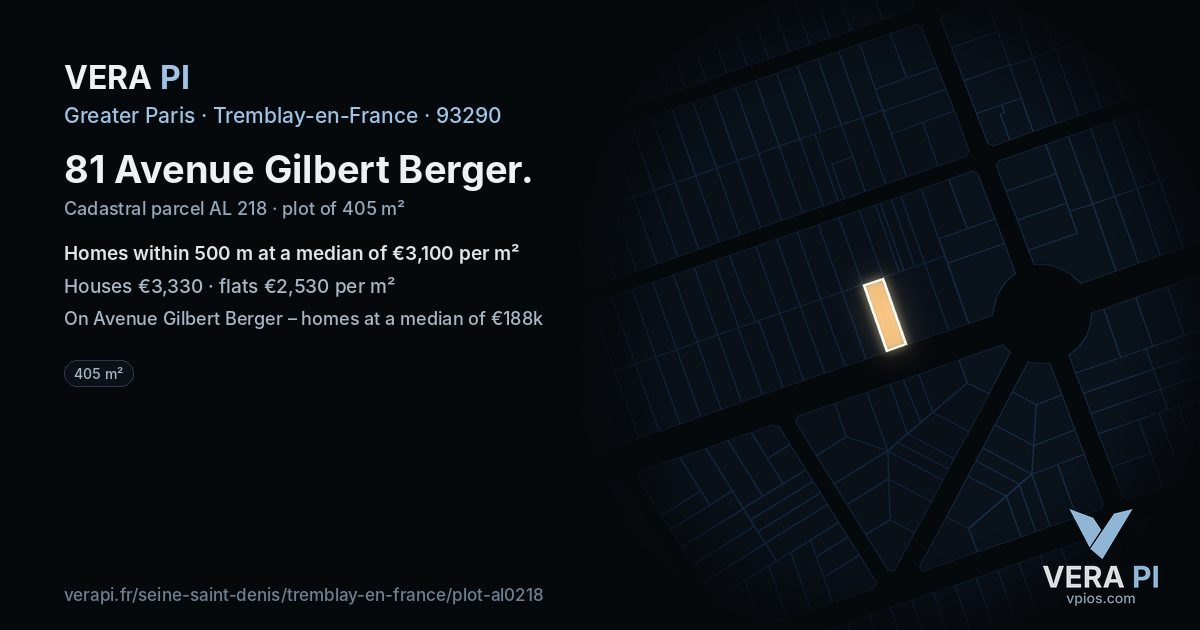 81 Avenue Gilbert Berger, Tremblay-en-France at night – the plot lit, the parcels around coloured by the prices near them