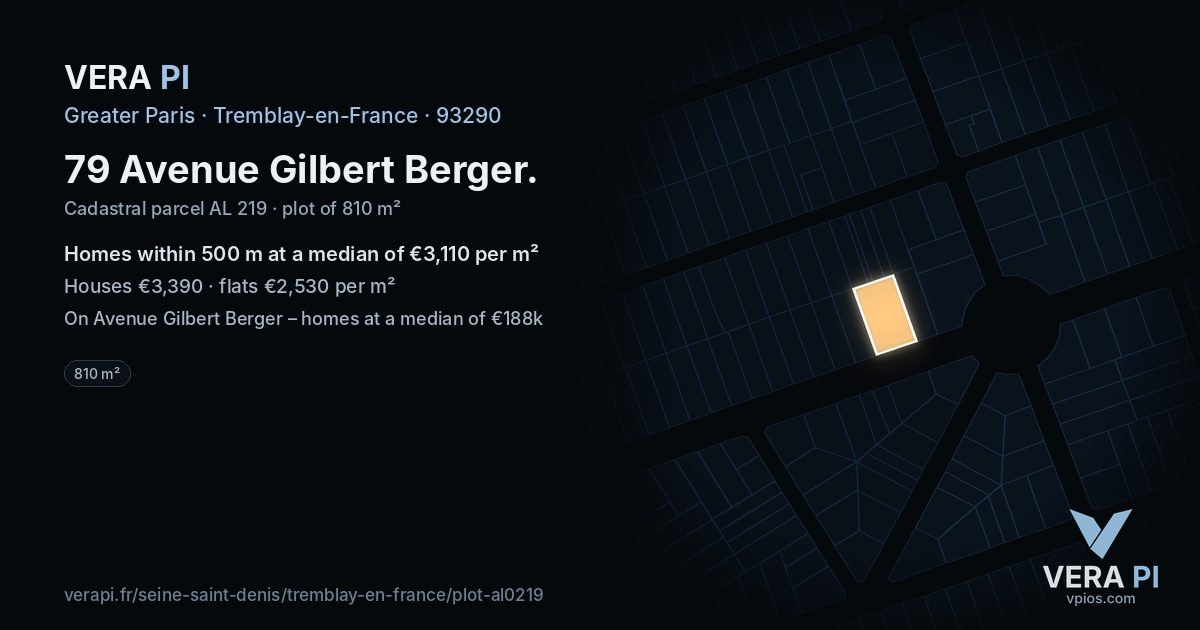 79 Avenue Gilbert Berger, Tremblay-en-France at night – the plot lit, the parcels around coloured by the prices near them
