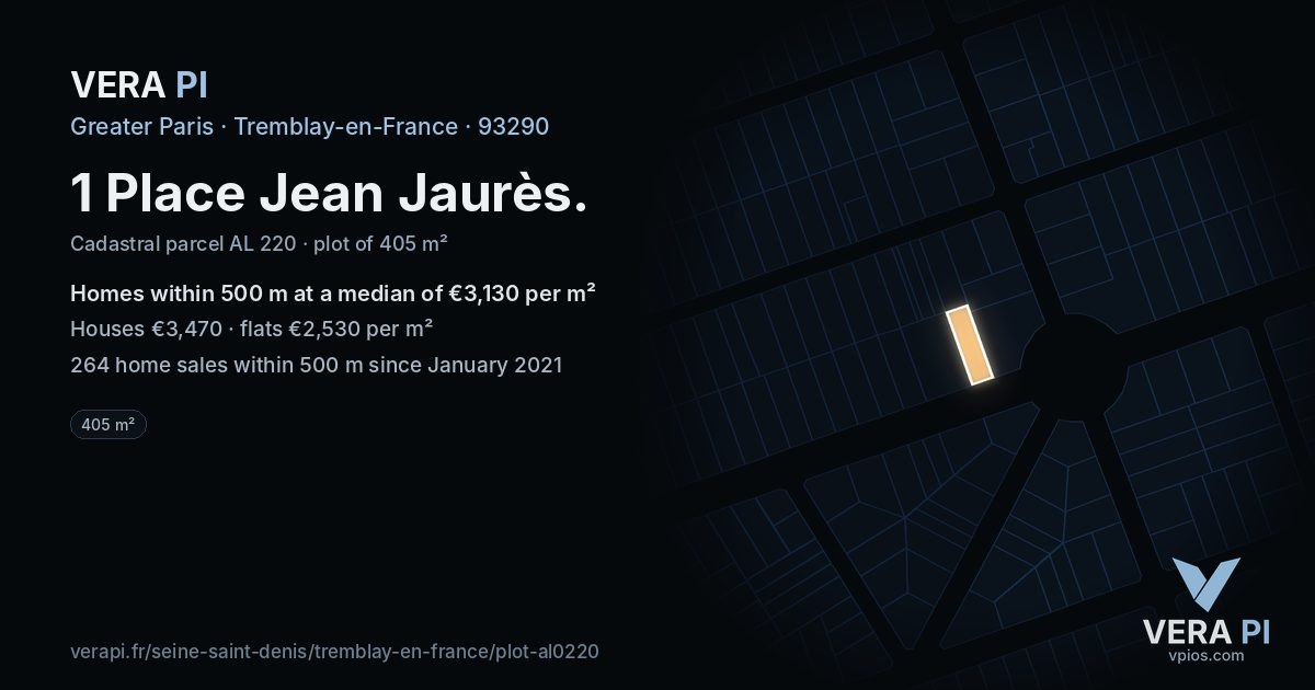 1 Place Jean Jaurès, Tremblay-en-France at night – the plot lit, the parcels around coloured by the prices near them